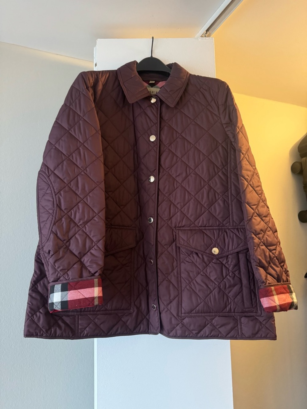 Burberry Quilted Button-Front Jacket in Deep Plum